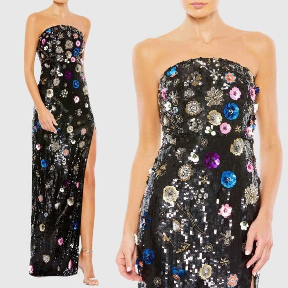 Mac Duggal Size 12 Black Floral Sequined Strapless Column Long Maxi Dress Gown - Picture 4 of 7